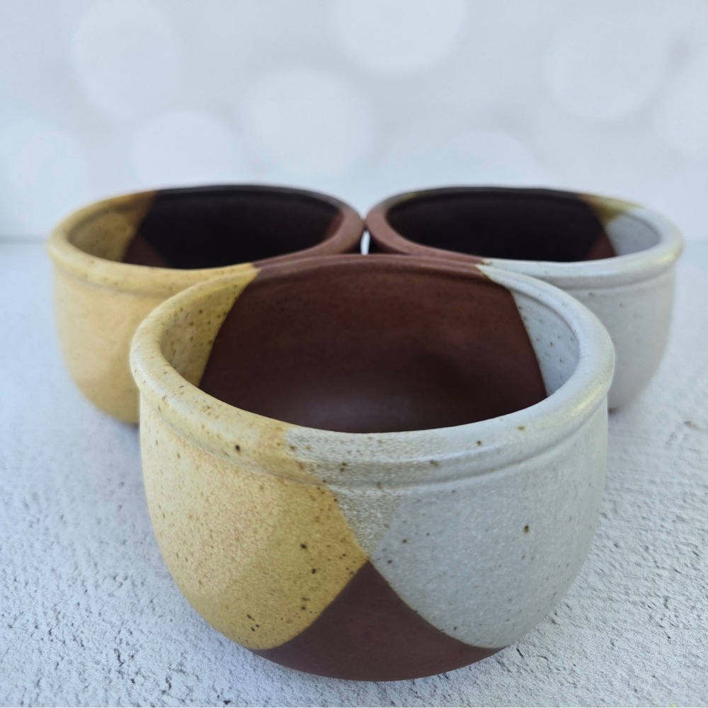 Studio Pottery Triple Condiment Server Handcrafted Ceramic Brown Yellow Cream